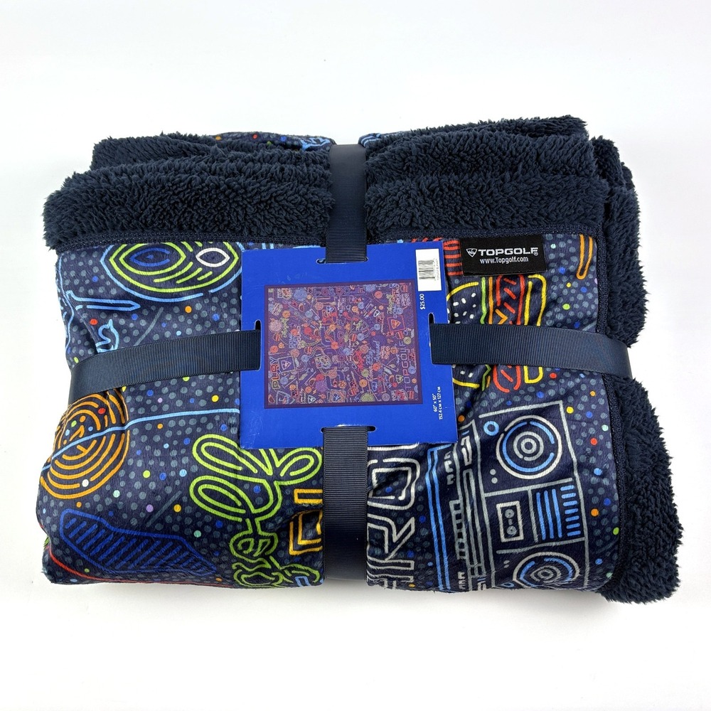NWT Top Golf Plush Sherpa Style Fleece Blanket 60x50" Navy Blue Retro‎ Neon Sign